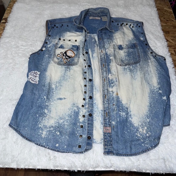 Levi‎ Signature custom Mens 3XL Denim Vest Bleached Studded Skull Patch Punk